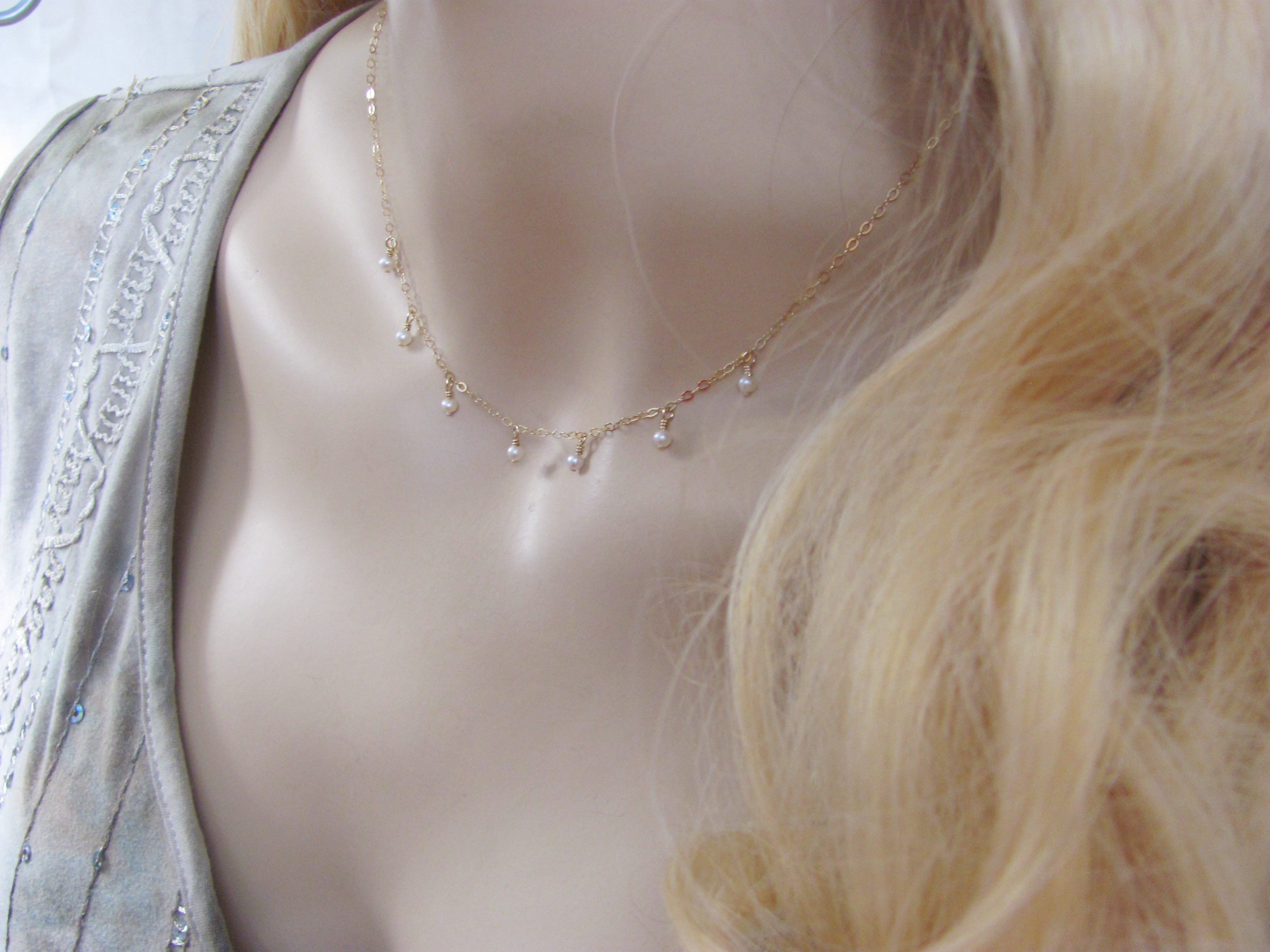Dangling Pearl Choker Necklace in Gold or Sterling Silver