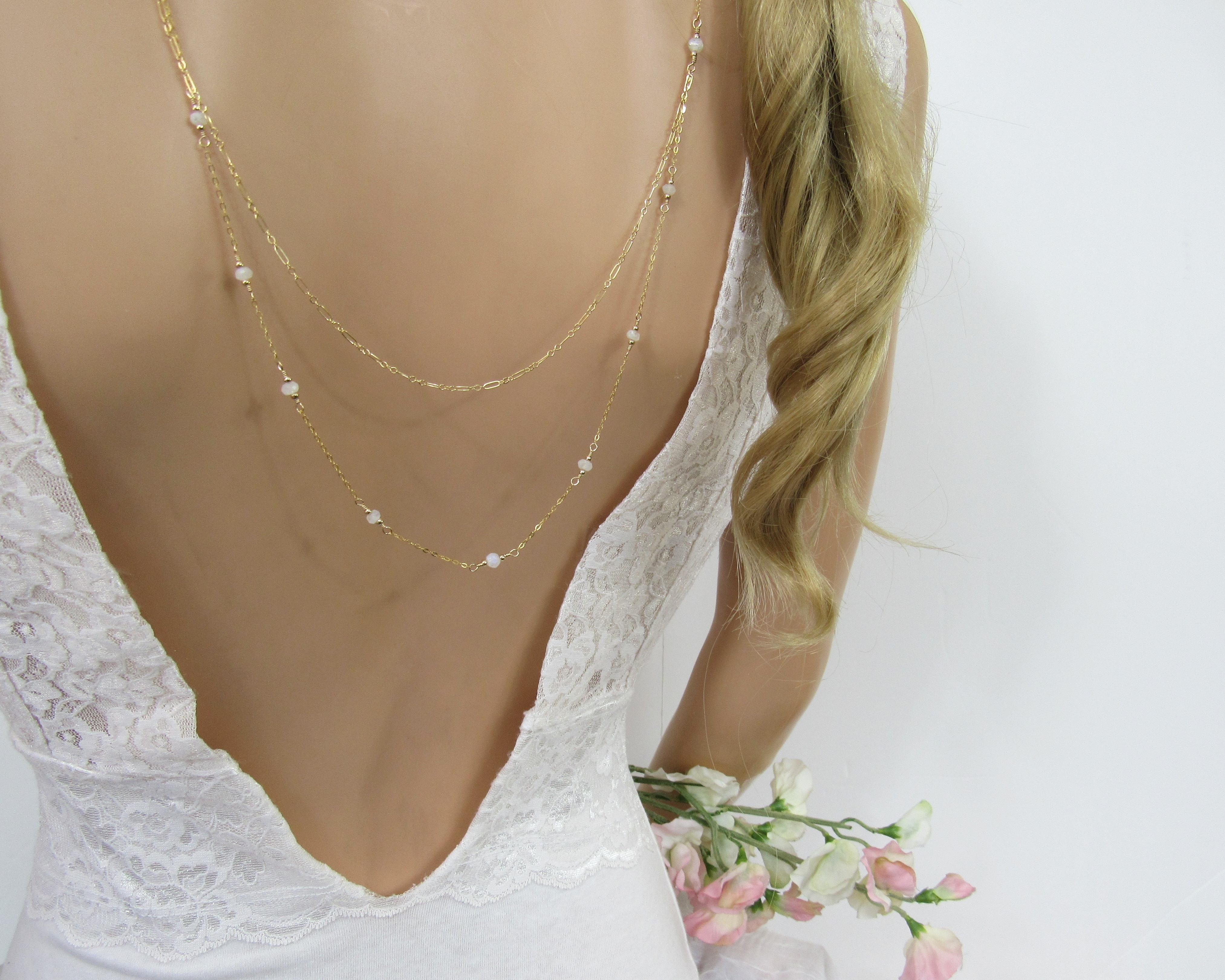 Moonstone Bridal Backdrop Necklace, Double Strand