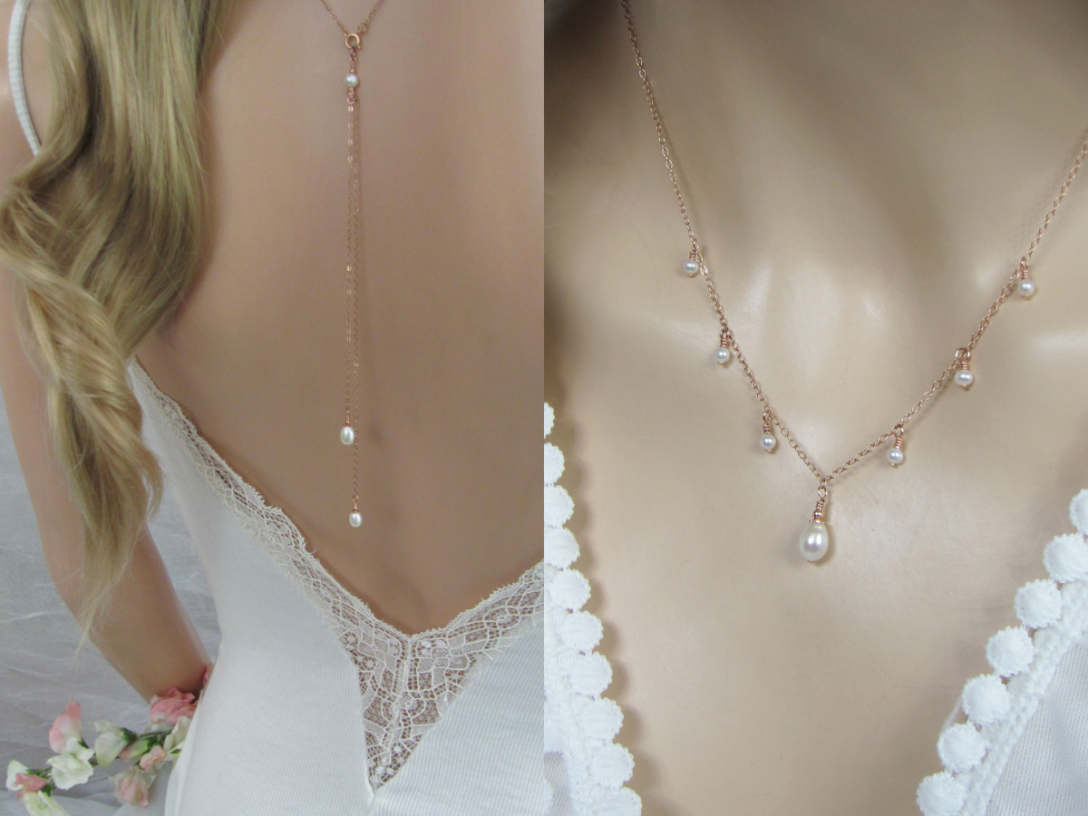 Double Strand Pearl Backdrop Necklace in Rose Gold