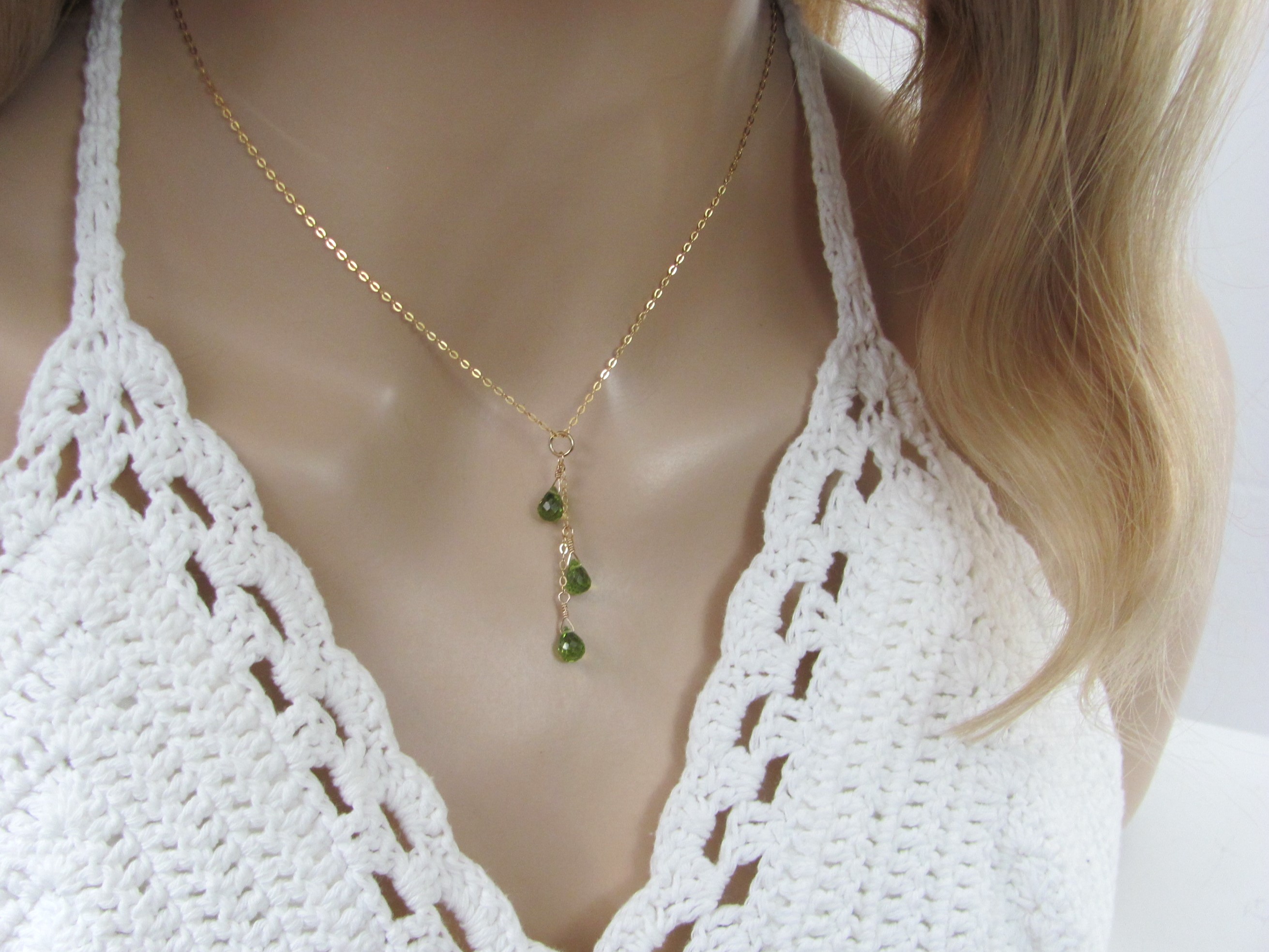 Peridot Lariat Necklace, Cascading Gemstone Y Necklace