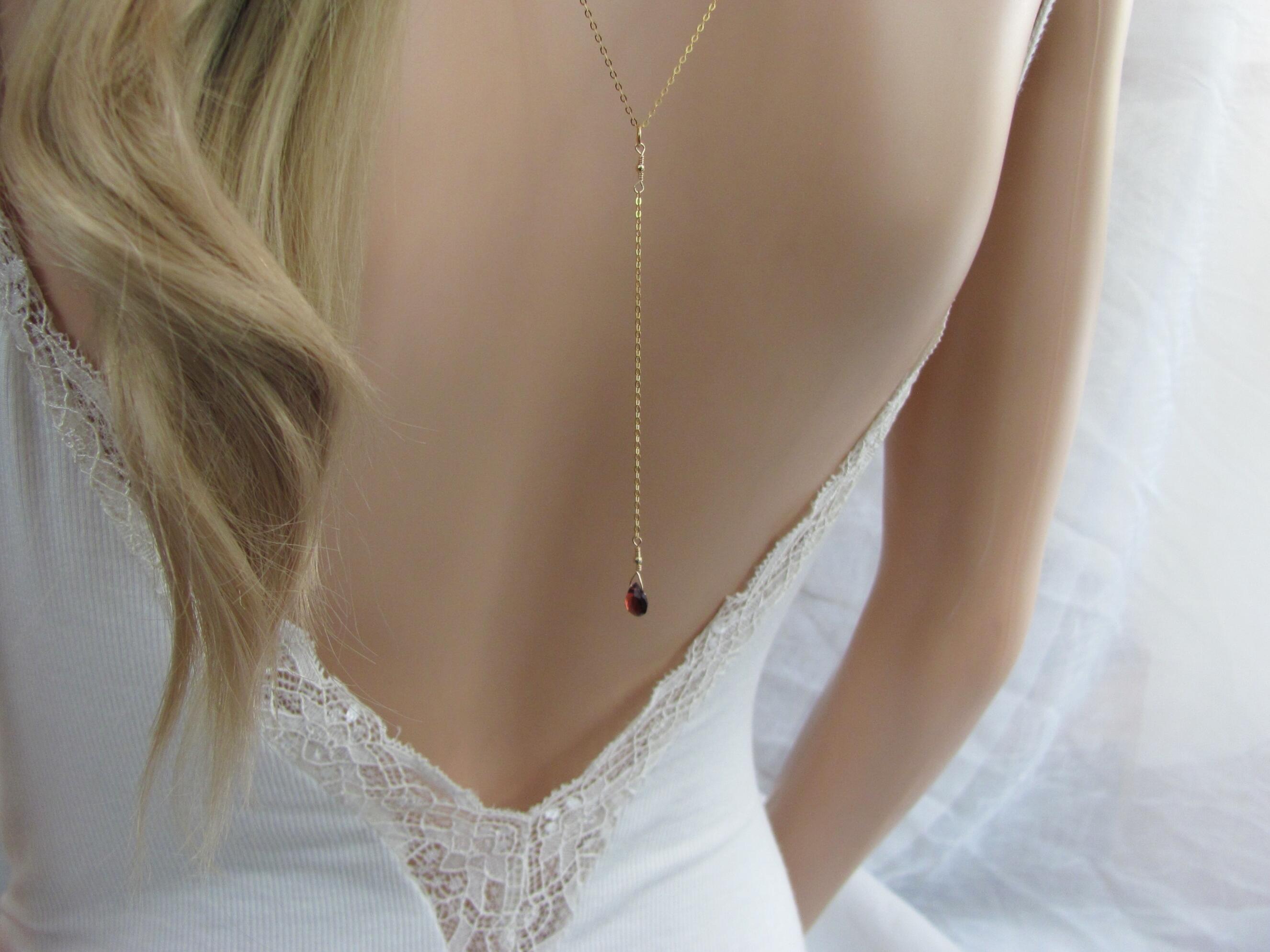 Garnet Back Necklace for the Bride, Gemstone Backdrop