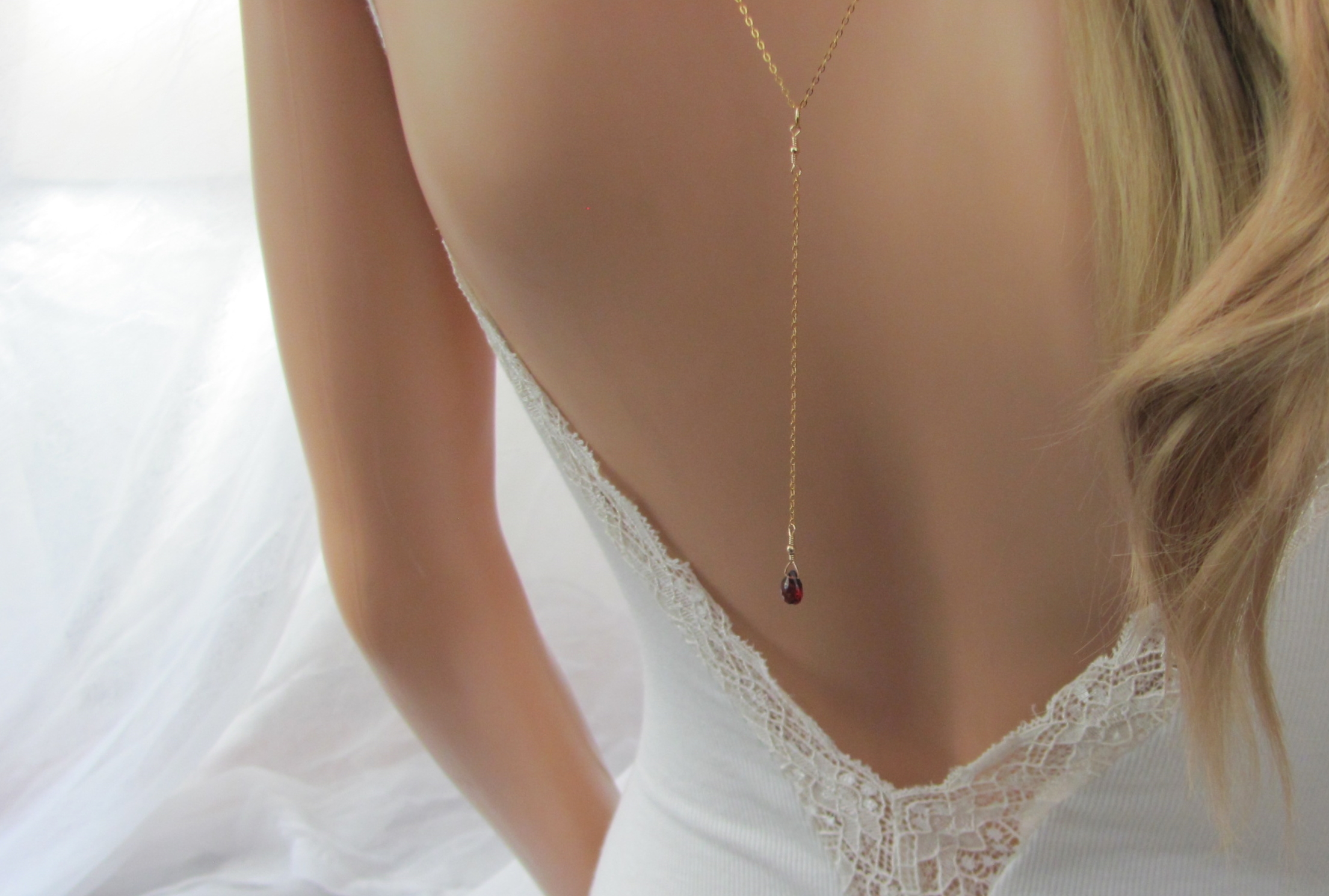 Garnet Back Necklace for the Bride, Gemstone Backdrop