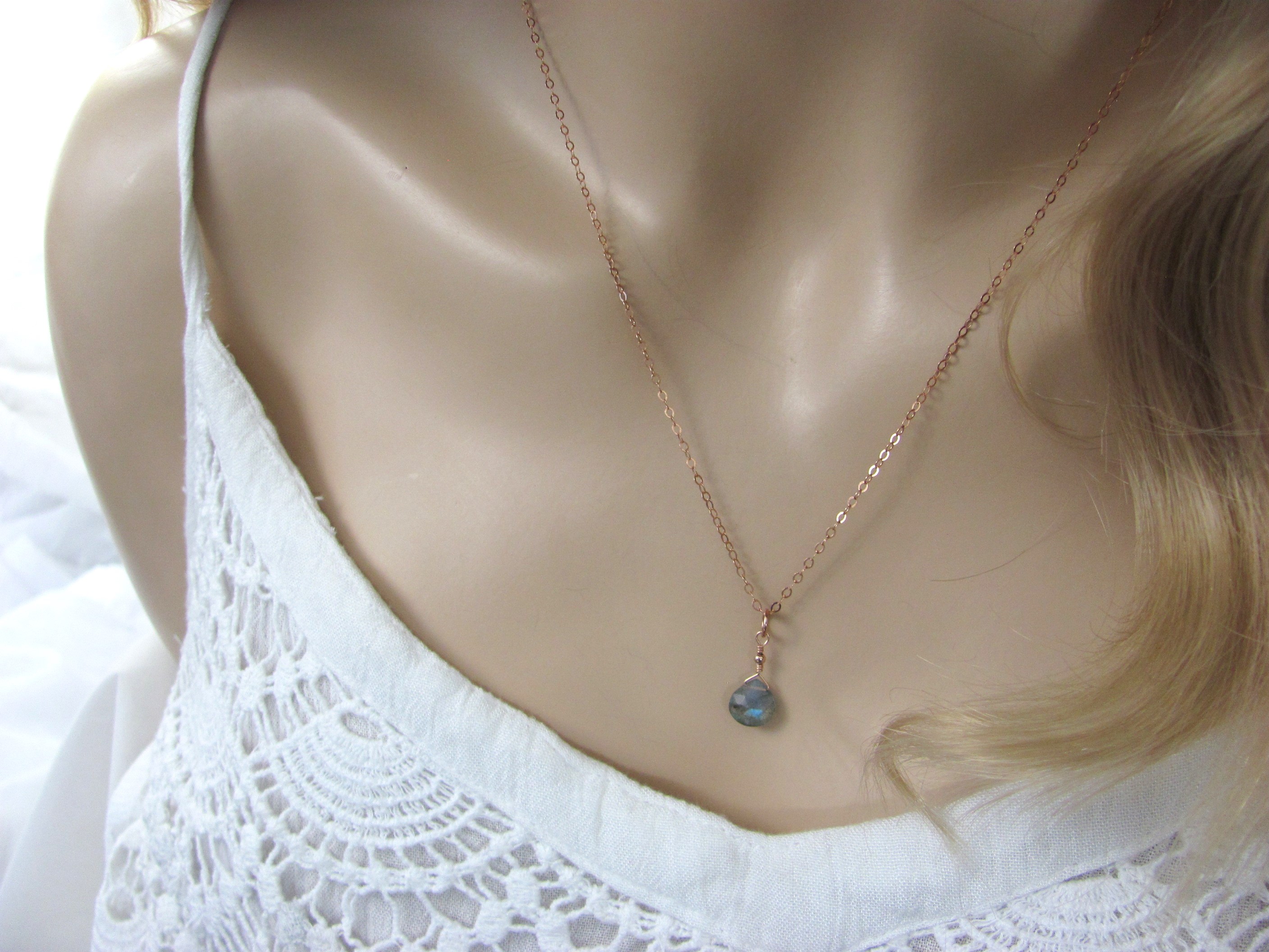 Dainty Labradorite Necklace in Rose Gold