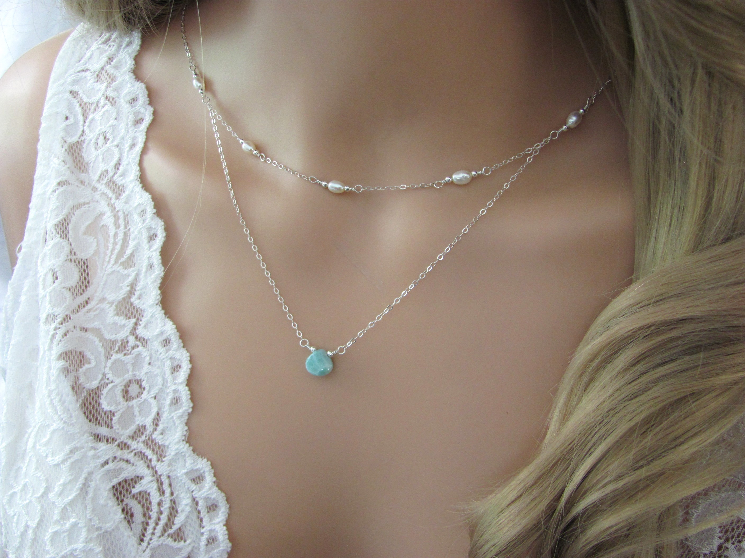 Larimar and Pearl Layering Necklace Set