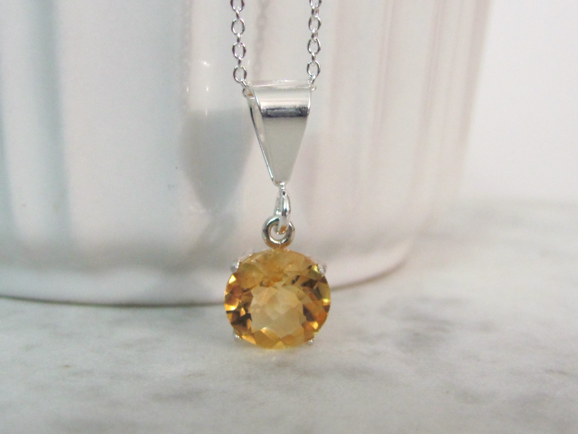 Round Citrine Pendant Necklace in Sterling Silver