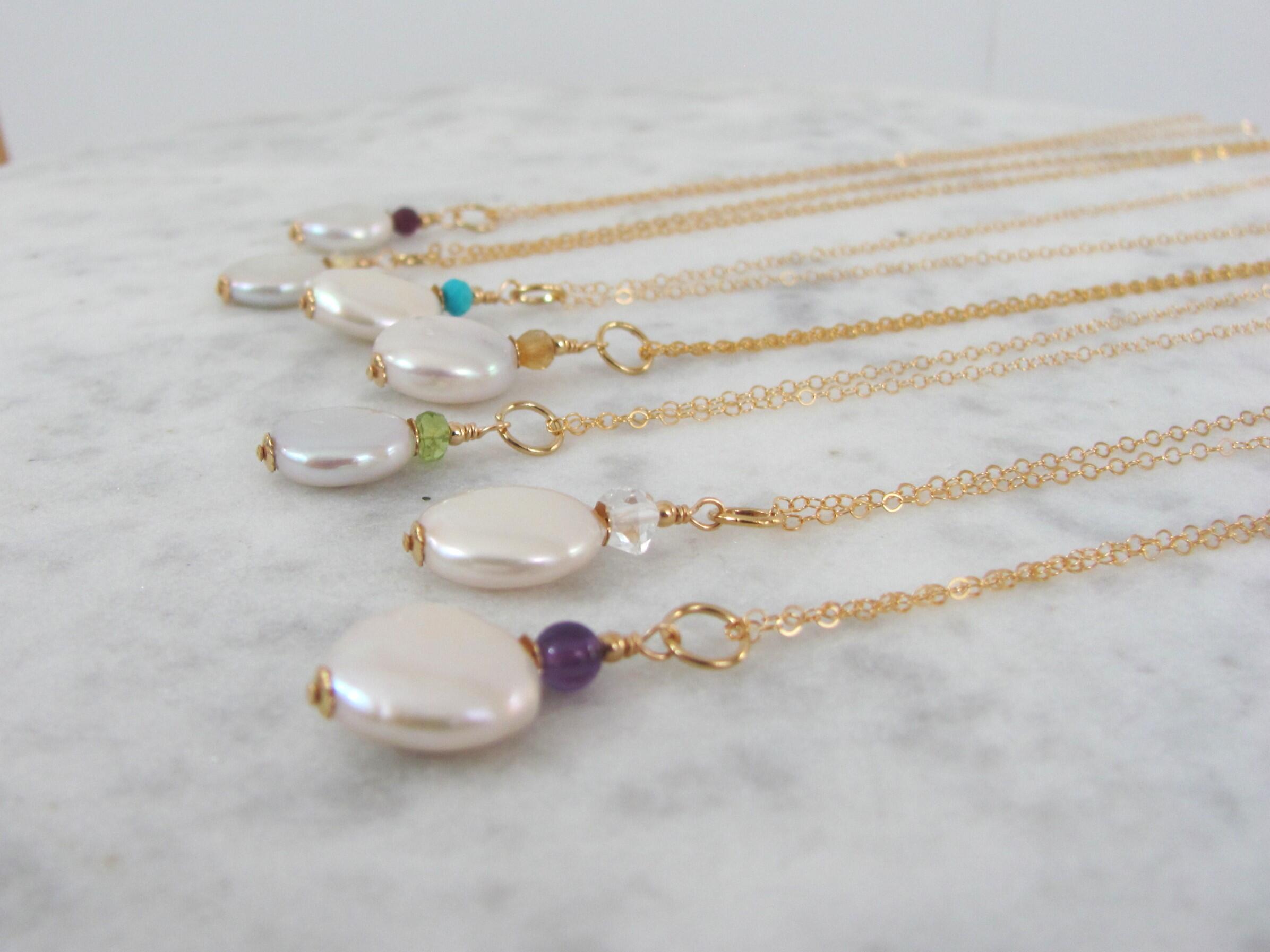 Coin Pearl Birthstone Necklace, Bridesmaid Gift