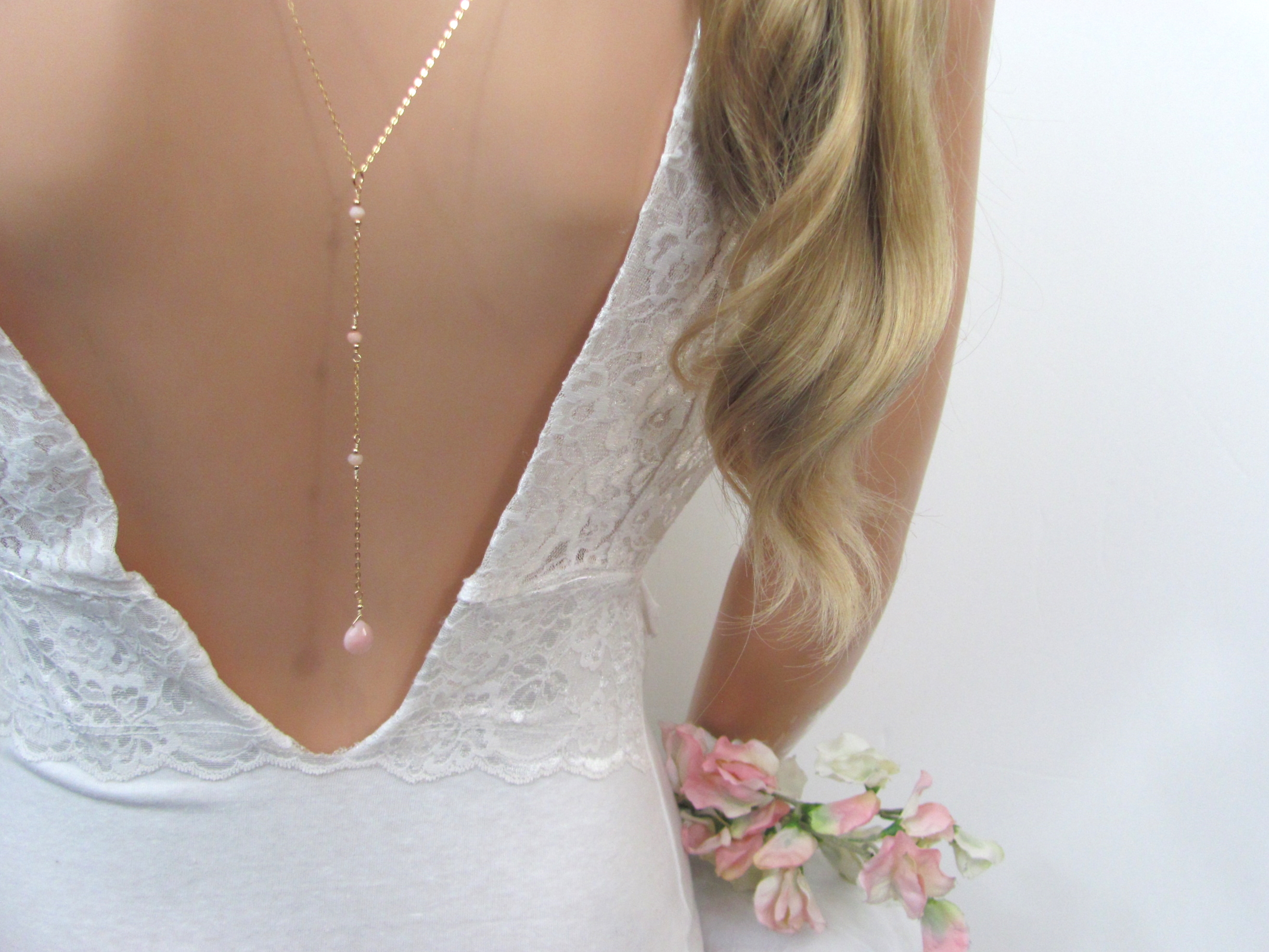 Pink Opal Bride Necklace, Wedding Backdrop Lariat