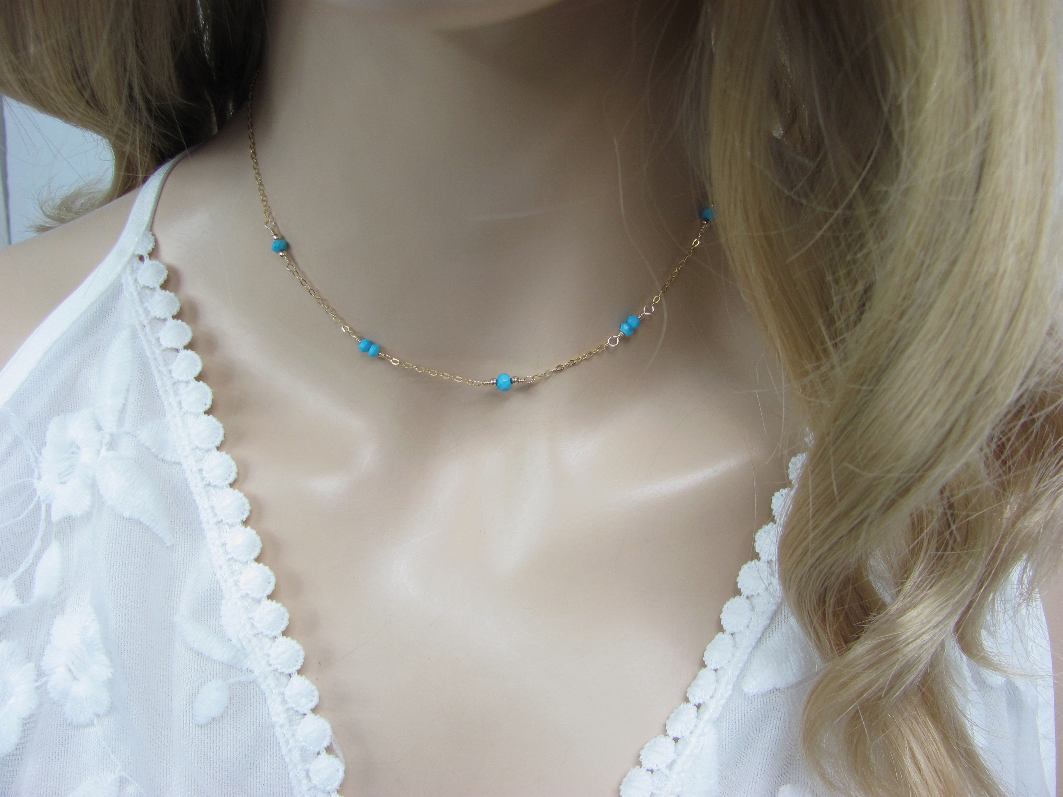 Dainty Turquoise Station Necklace 14K Gold Filled