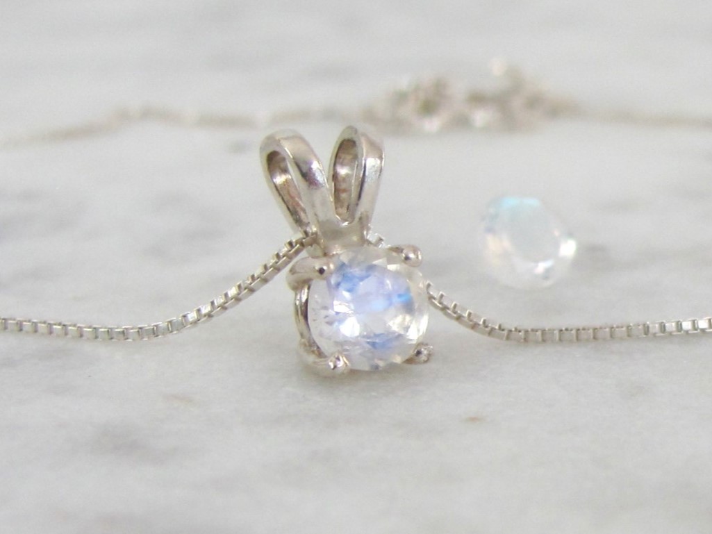 Tiny Faceted Moonstone Pendant with Sterling Silver Chain