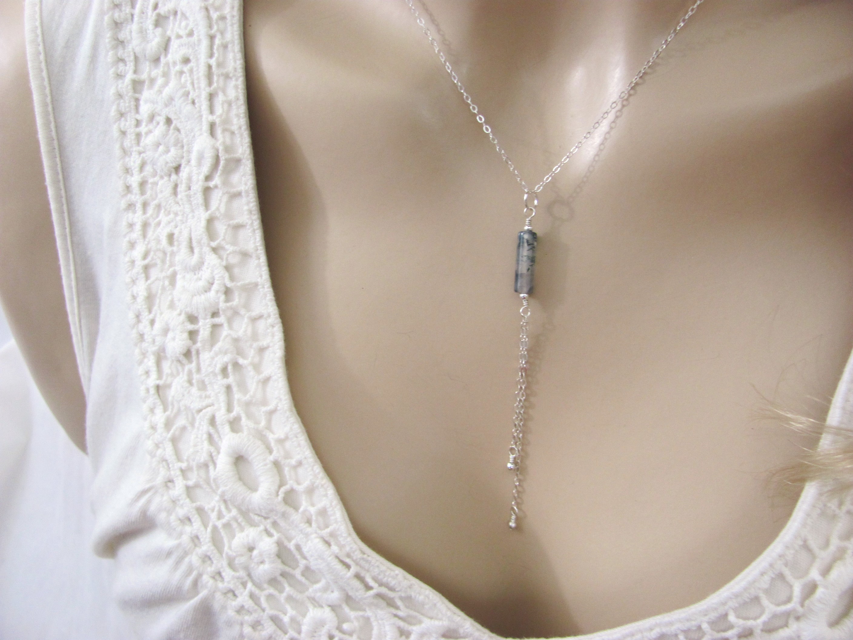 Moss Agate Lariat Necklace in Sterling Silver