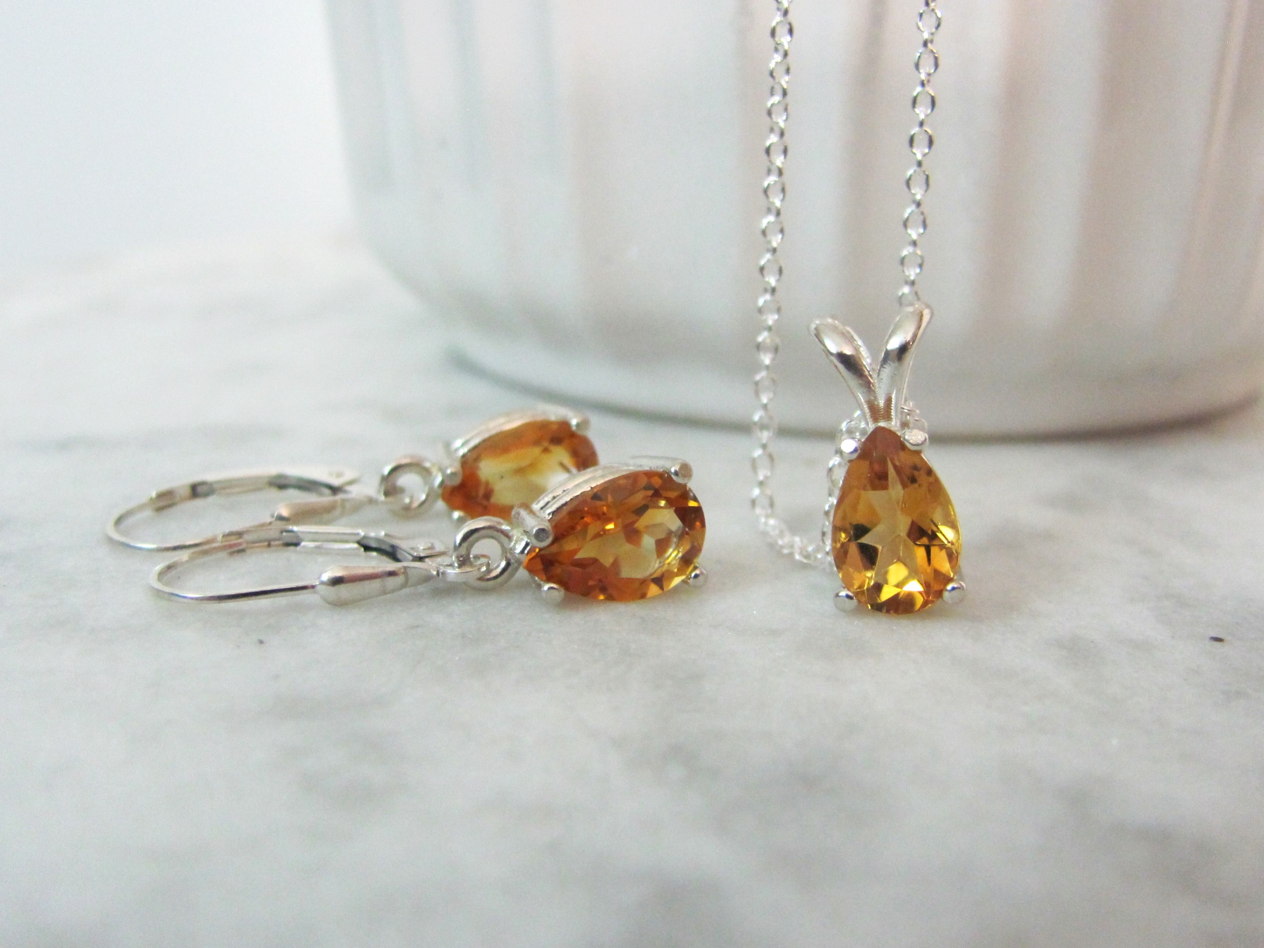 Citrine Pear Necklace and Earring Set in Sterling Silver