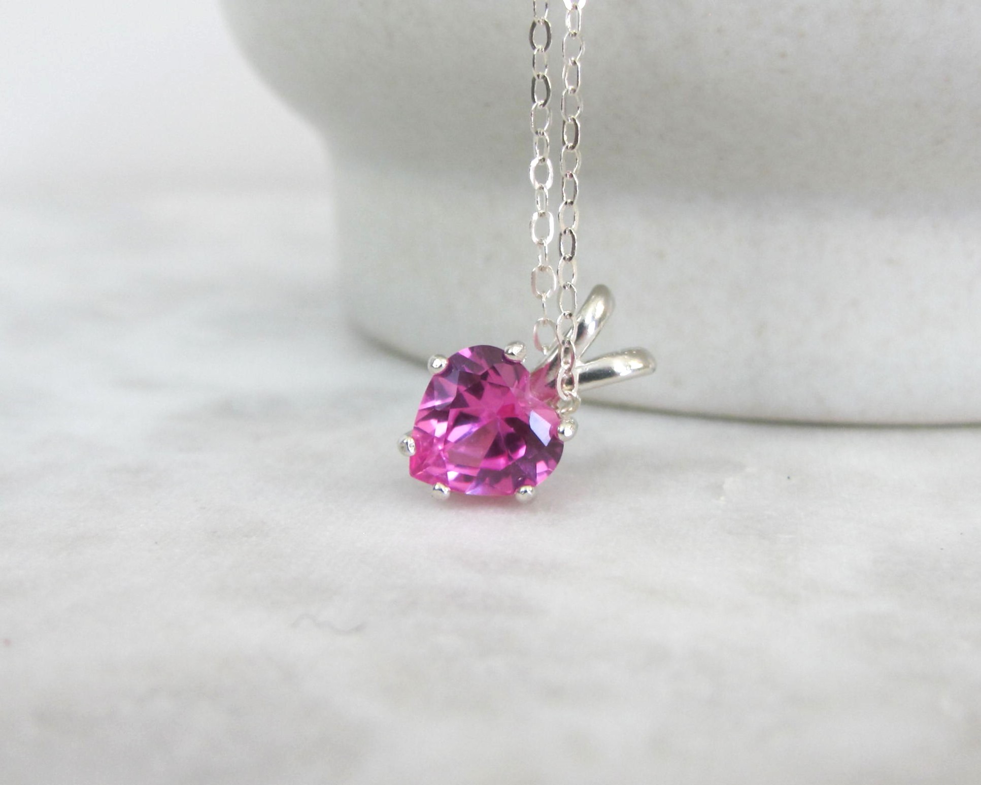 Pink Sapphire Heart Necklace in Sterling Silver, Valentine's Day Gift