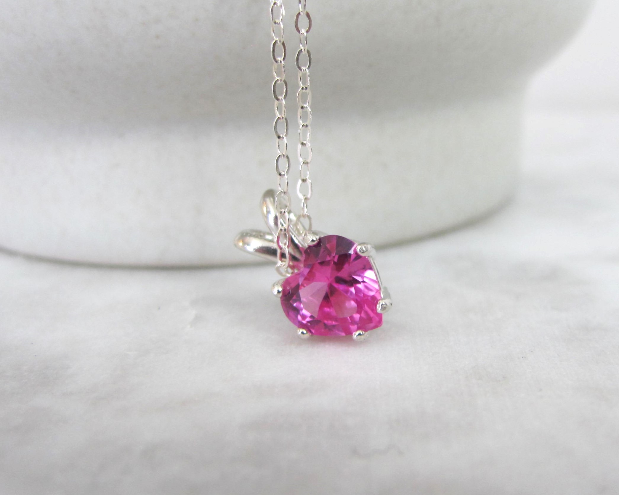 Pink Sapphire Heart Necklace in Sterling Silver, Valentine's Day Gift