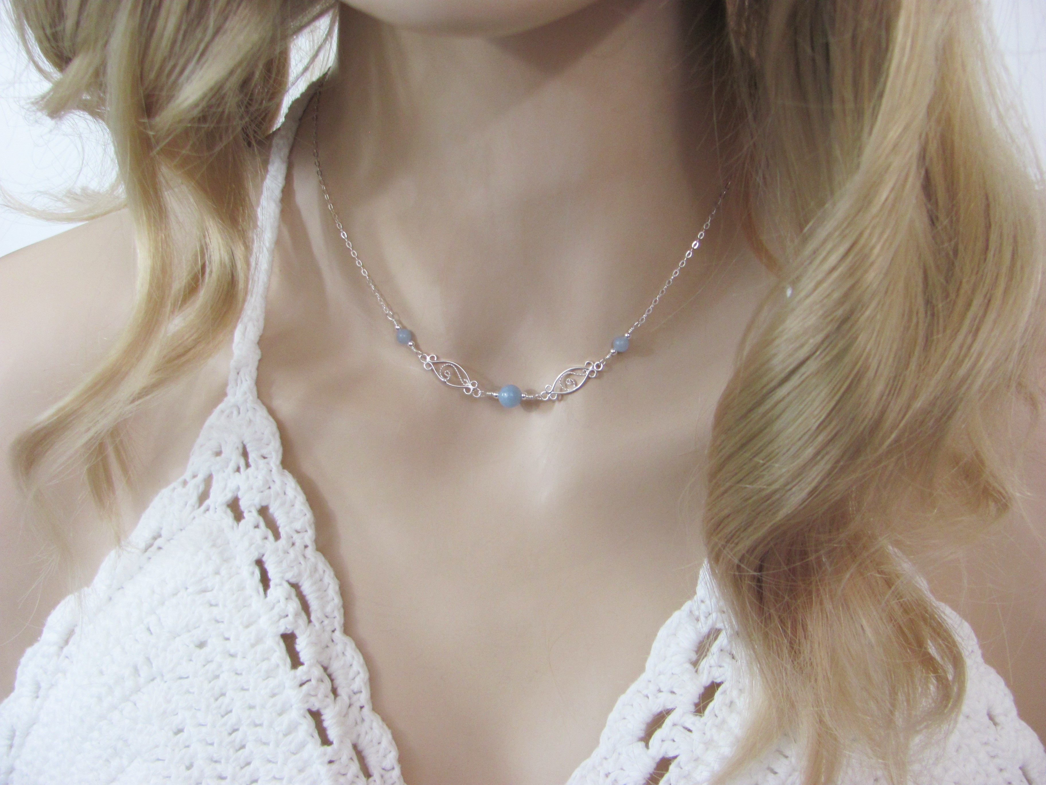 Blue Angelite Choker, Sterling Silver Filigree Necklace