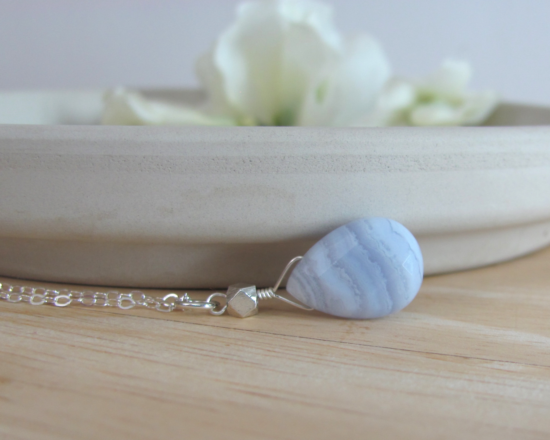 Blue Lace Agate Pendant Necklace in Sterling Silver